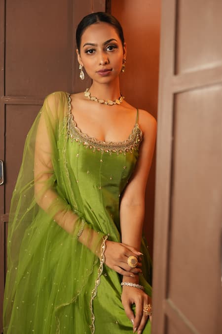 Enamour By Radha_Green Net, Silk Mirrors, Beads, Zari, Sequins, Zardozi Panelled Anarkali Set _Online_at_Aza_Fashions