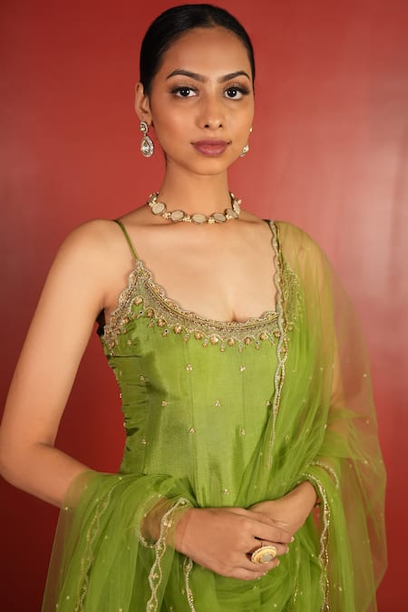 Shop_Enamour By Radha_Green Net, Silk Mirrors, Beads, Zari, Sequins, Zardozi Panelled Anarkali Set _Online_at_Aza_Fashions