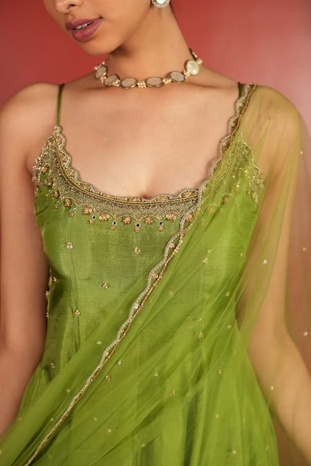 Enamour By Radha_Green Net, Silk Mirrors, Beads, Zari, Sequins, Zardozi Panelled Anarkali Set _at_Aza_Fashions