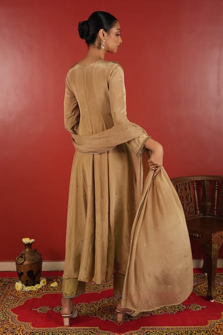 Shop_Enamour By Radha_Gold Crepe, Chiffon Sequins, Zari, Beads, Embroidery V-neck Patch Anarkali Set _at_Aza_Fashions