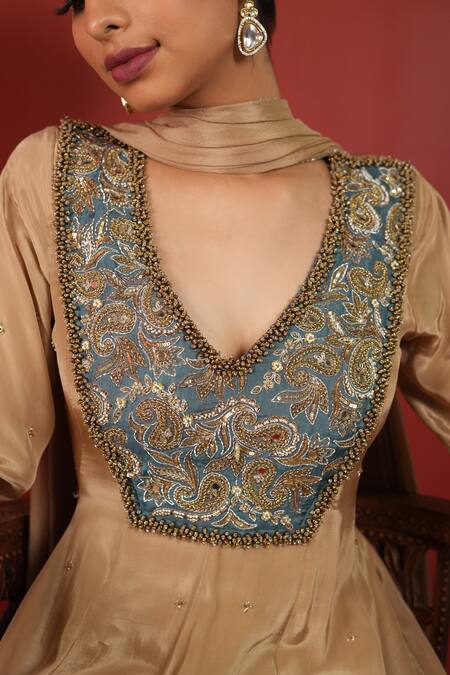 Shop_Enamour By Radha_Gold Crepe, Chiffon Sequins, Zari, Beads, Embroidery V-neck Patch Anarkali Set _Online_at_Aza_Fashions