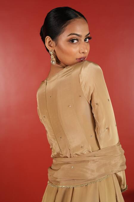 Enamour By Radha_Gold Crepe, Chiffon Sequins, Zari, Beads, Embroidery V-neck Patch Anarkali Set _at_Aza_Fashions