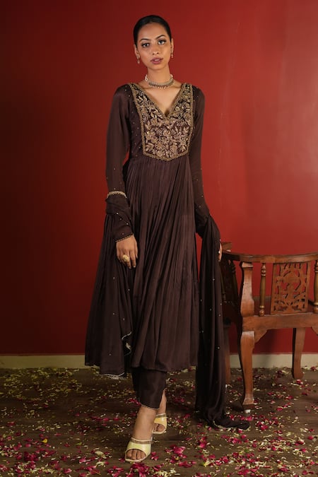 Enamour By Radha_Brown Chiffon, Silk Zari, Sequins, Embroidery Zardozi Pleated Anarkali Set _Online_at_Aza_Fashions