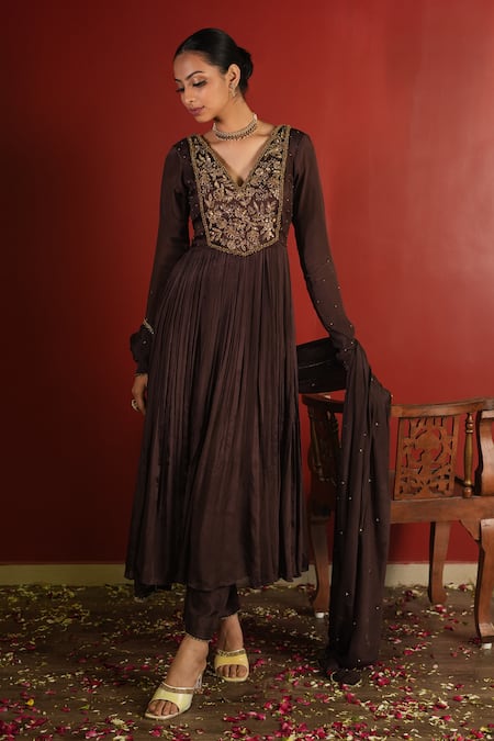 Buy_Enamour By Radha_Brown Chiffon, Silk Zari, Sequins, Embroidery Zardozi Pleated Anarkali Set _Online_at_Aza_Fashions