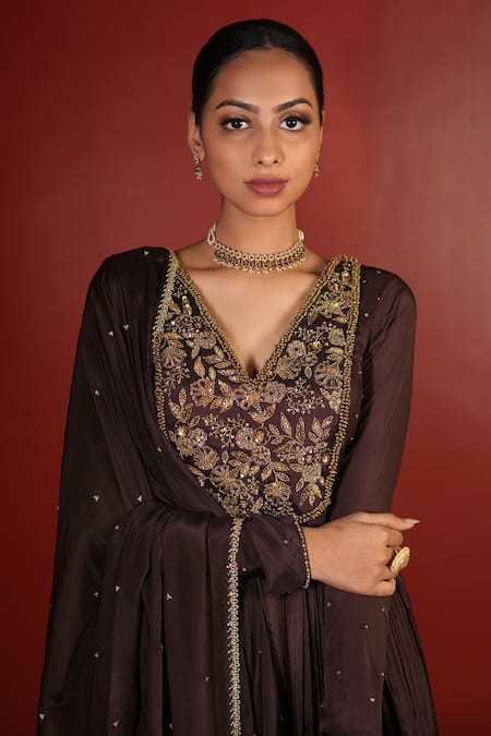 Shop Enamour By Radha Brown Chiffon, Silk Zari, Sequins, Embroidery Zardozi Pleated Anarkali Set Online at Aza Fashions Shop_Enamour By Radha_Brown Chiffon, Silk Zari, Sequins, Embroidery Zardozi Pleated Anarkali Set _Online_at_Aza_Fashions