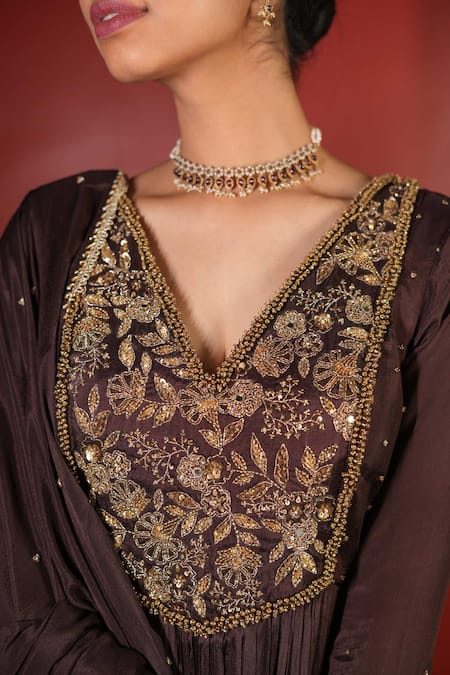 Enamour By Radha_Brown Chiffon, Silk Zari, Sequins, Embroidery Zardozi Pleated Anarkali Set _at_Aza_Fashions