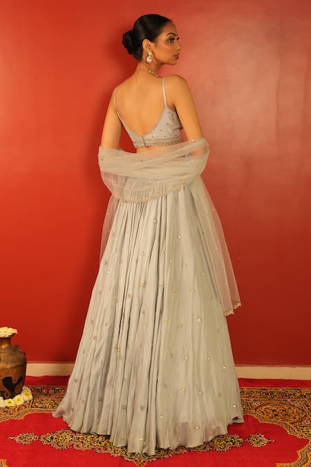 Shop_Enamour By Radha_Blue Net, Silk Zari, Mirrors, Beads Plunge Neck And Embroidered Lehenga Set _at_Aza_Fashions
