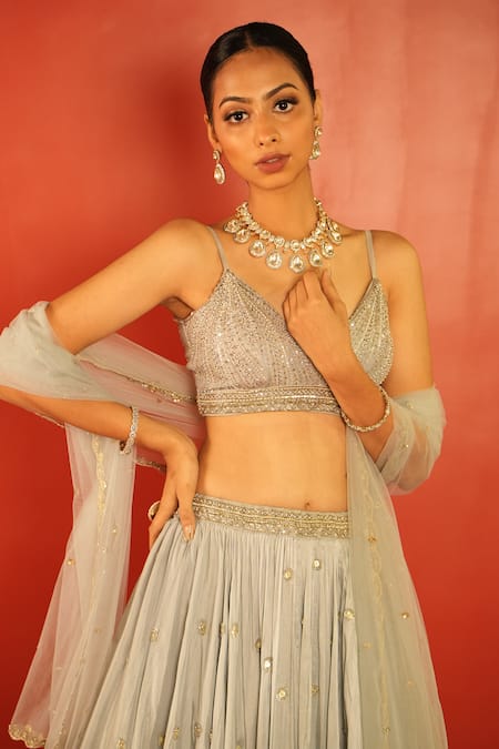 Buy_Enamour By Radha_Blue Net, Silk Zari, Mirrors, Beads Plunge Neck And Embroidered Lehenga Set _Online_at_Aza_Fashions