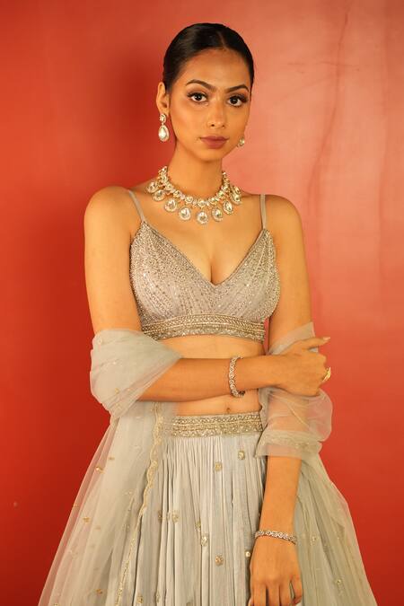 Shop_Enamour By Radha_Blue Net, Silk Zari, Mirrors, Beads Plunge Neck And Embroidered Lehenga Set _Online_at_Aza_Fashions