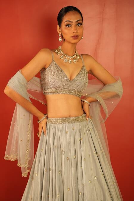 Enamour By Radha_Blue Net, Silk Zari, Mirrors, Beads Plunge Neck And Embroidered Lehenga Set _at_Aza_Fashions