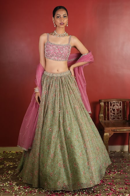 Enamour By Radha Green Upada Silk Printed And Hand Embroidered Floral Round & Lehenga Set 