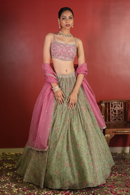Enamour By Radha_Green Organza, Net, Silk Sequins, Pearls Round Printed And Embroidered Lehenga Set _Online_at_Aza_Fashions