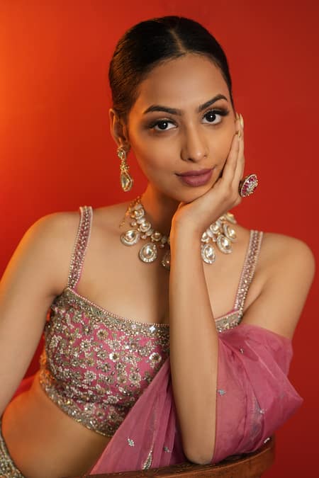 Enamour By Radha_Green Organza, Net, Silk Sequins, Pearls Round Printed And Embroidered Lehenga Set _at_Aza_Fashions