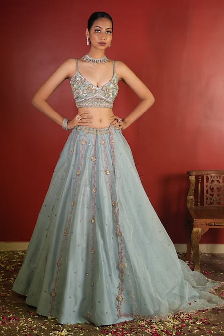 Enamour By Radha Blue Upada Silk Hand Embroidered Sequin Plunged V Floral And Bead Lehenga Set 