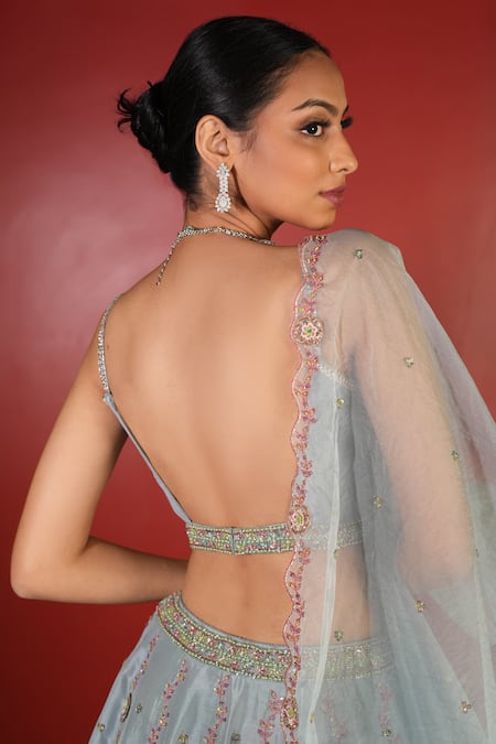 Shop_Enamour By Radha_Blue Organza, Silk Sequins, Beads Plunge Neck Floral Embroidered Lehenga Set _at_Aza_Fashions