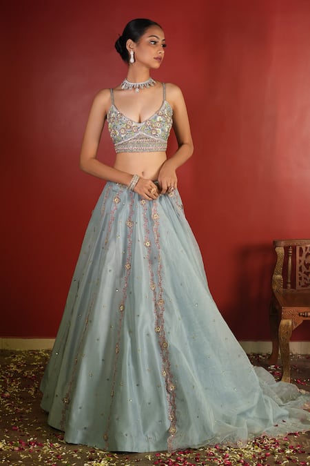 Enamour By Radha_Blue Organza, Silk Sequins, Beads Plunge Neck Floral Embroidered Lehenga Set _Online_at_Aza_Fashions