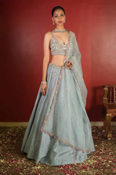 Buy_Enamour By Radha_Blue Organza, Silk Sequins, Beads Plunge Neck Floral Embroidered Lehenga Set _Online_at_Aza_Fashions