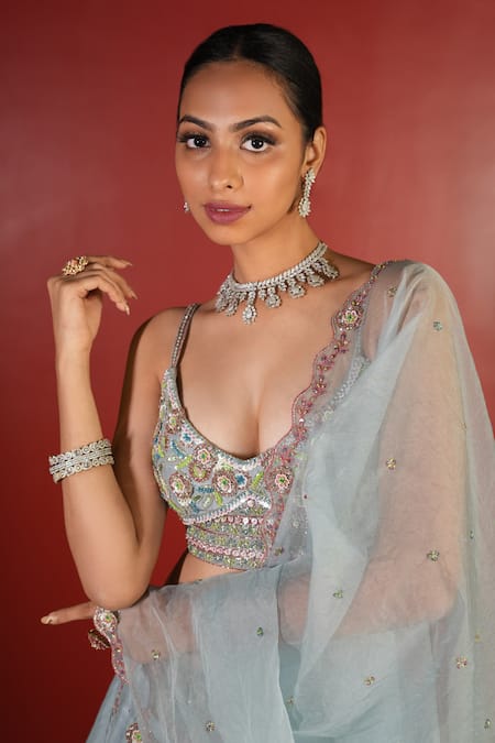 Enamour By Radha_Blue Organza, Silk Sequins, Beads Plunge Neck Floral Embroidered Lehenga Set _at_Aza_Fashions