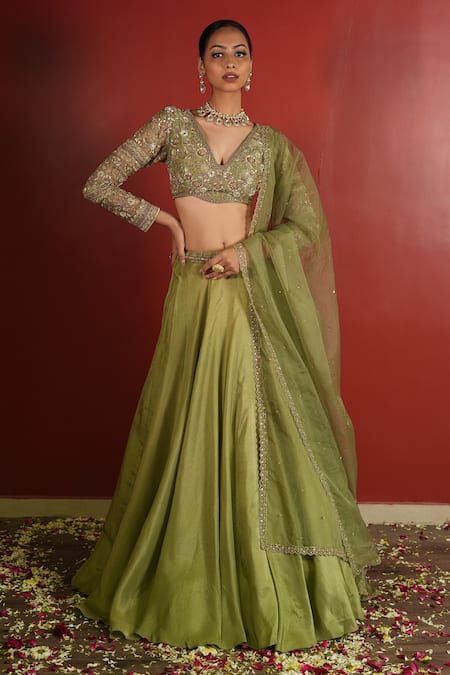 Enamour By Radha Green Upada Silk Hand Embroidered Zari V Neck Zardozi Blouse Lehenga Set 