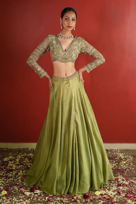 Enamour By Radha_Green Organza, Silk Sequins, Zari, Cut Work Hand Embroidered Zardozi Lehenga Set _Online_at_Aza_Fashions