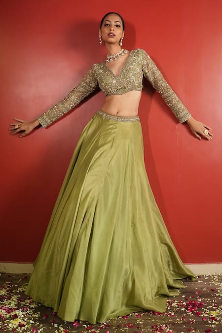 Buy_Enamour By Radha_Green Organza, Silk Sequins, Zari, Cut Work Hand Embroidered Zardozi Lehenga Set _Online_at_Aza_Fashions