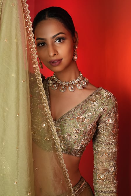 Enamour By Radha_Green Organza, Silk Sequins, Zari, Cut Work Hand Embroidered Zardozi Lehenga Set _at_Aza_Fashions