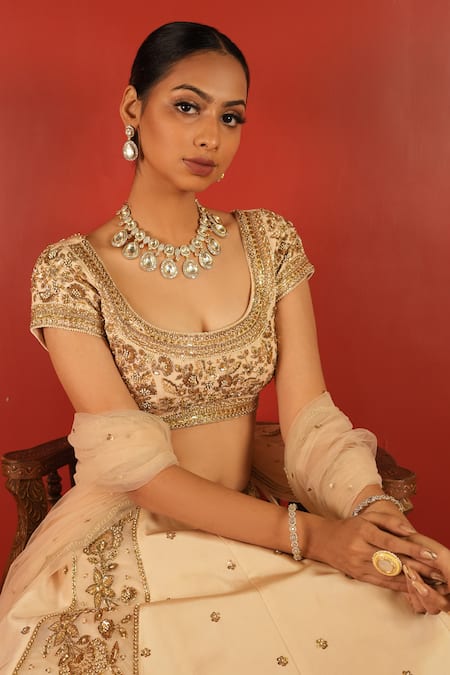 Enamour By Radha_Ivory Organza, Net, Silk Sequins, Zari Round Floral Embroidered Lehenga Set _Online_at_Aza_Fashions