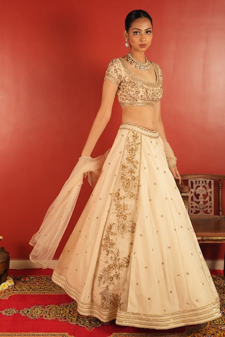 Shop_Enamour By Radha_Ivory Organza, Net, Silk Sequins, Zari Round Floral Embroidered Lehenga Set _Online_at_Aza_Fashions