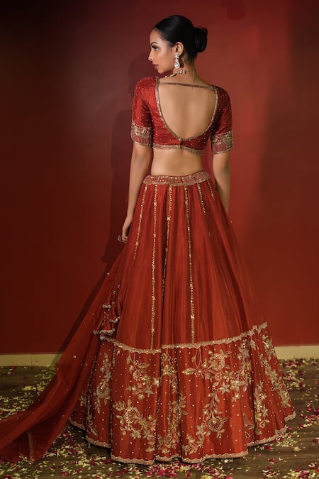 Shop_Enamour By Radha_Maroon Organza, Net, Silk Pearls, Zari, Zardozi Embroidered Panelled Lehenga Set _at_Aza_Fashions
