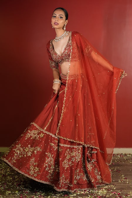 Enamour By Radha_Maroon Organza, Net, Silk Pearls, Zari, Zardozi Embroidered Panelled Lehenga Set _Online_at_Aza_Fashions