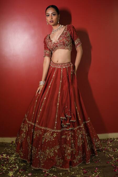 Shop_Enamour By Radha_Maroon Organza, Net, Silk Pearls, Zari, Zardozi Embroidered Panelled Lehenga Set _Online_at_Aza_Fashions