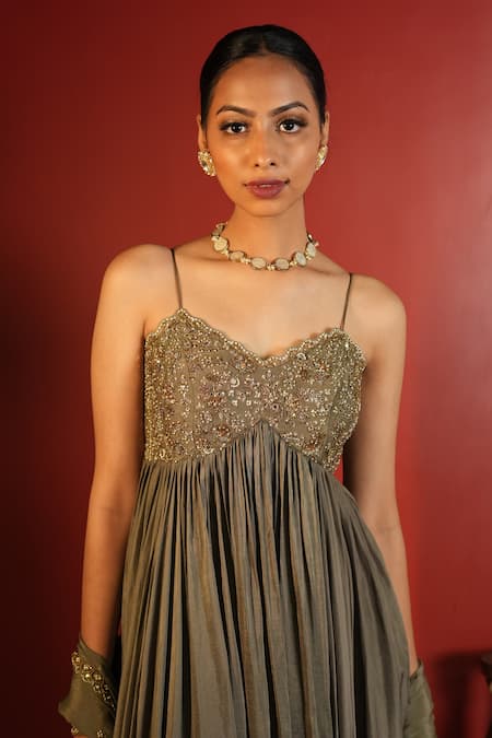 Shop_Enamour By Radha_Green Chiffon, Silk Embroidery Sweetheart Neck Zardozi Embellished Anarkali Set _Online_at_Aza_Fashions