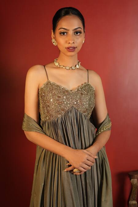 Enamour By Radha_Green Chiffon, Silk Embroidery Sweetheart Neck Zardozi Embellished Anarkali Set _at_Aza_Fashions