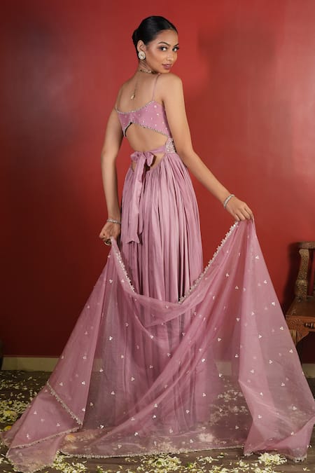 Shop_Enamour By Radha_Pink Chiffon, Silk Zari, Sequins Round Embroidered Yoke Anarkali With Dupatta _at_Aza_Fashions