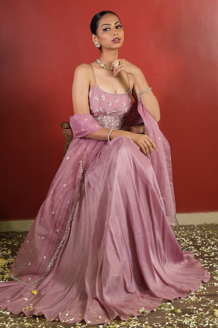 Enamour By Radha_Pink Chiffon, Silk Zari, Sequins Round Embroidered Yoke Anarkali With Dupatta _Online_at_Aza_Fashions