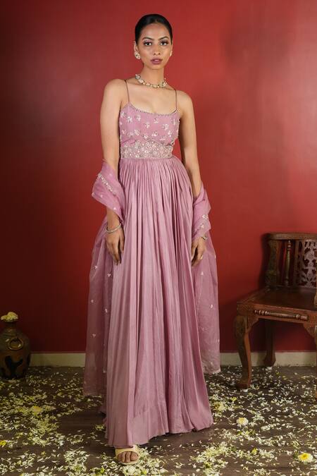 Buy_Enamour By Radha_Pink Chiffon, Silk Zari, Sequins Round Embroidered Yoke Anarkali With Dupatta _Online_at_Aza_Fashions