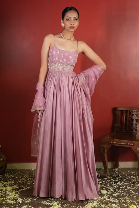 Shop_Enamour By Radha_Pink Chiffon, Silk Zari, Sequins Round Embroidered Yoke Anarkali With Dupatta _Online_at_Aza_Fashions