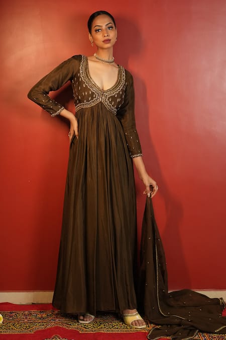 Enamour By Radha Brown Upada Silk Hand Embellished Zardozi And Beads Yoke Anarkali With Dupatta 