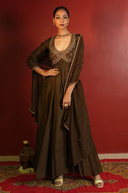 Enamour By Radha Brown Upada Silk Hand Embellished Zardozi And Beads Yoke Anarkali With Dupatta  5