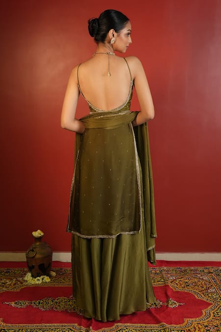 Shop_Enamour By Radha_Green Chiffon, Silk, Satin Sequins, Beads Zardozi Embellished Kurta Sharara Set _at_Aza_Fashions