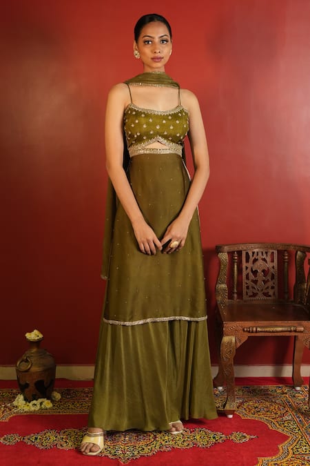 Enamour By Radha_Green Chiffon, Silk, Satin Sequins, Beads Zardozi Embellished Kurta Sharara Set _Online_at_Aza_Fashions
