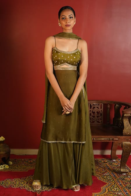 Buy_Enamour By Radha_Green Chiffon, Silk, Satin Sequins, Beads Zardozi Embellished Kurta Sharara Set _Online_at_Aza_Fashions