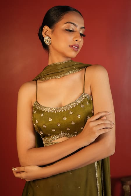 Shop_Enamour By Radha_Green Chiffon, Silk, Satin Sequins, Beads Zardozi Embellished Kurta Sharara Set _Online_at_Aza_Fashions