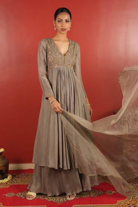 Enamour By Radha_Grey Organza, Silk Sequins, Beads Zardozi Embroidered Anarkali Sharara Set _Online_at_Aza_Fashions