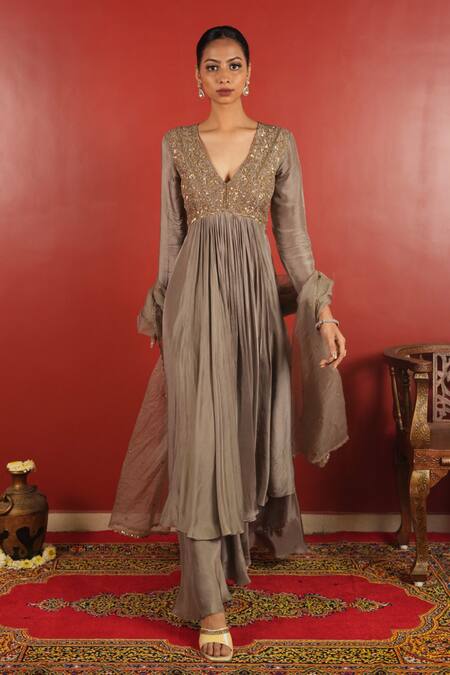 Shop_Enamour By Radha_Grey Organza, Silk Sequins, Beads Zardozi Embroidered Anarkali Sharara Set _Online_at_Aza_Fashions