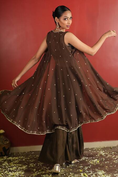 Enamour By Radha Brown Viscose, Organza, Silk Sequins, Mirrors, Embroidered Jacket Sharara Set Online at Aza Fashions Enamour By Radha_Brown Viscose, Organza, Silk Sequins, Mirrors, Embroidered Jacket Sharara Set _Online_at_Aza_Fashions