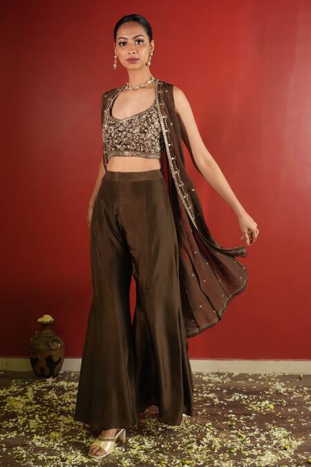 Shop Enamour By Radha Brown Viscose, Organza, Silk Sequins, Mirrors, Embroidered Jacket Sharara Set Online at Aza Fashions Shop_Enamour By Radha_Brown Viscose, Organza, Silk Sequins, Mirrors, Embroidered Jacket Sharara Set _Online_at_Aza_Fashions
