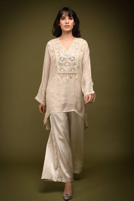 Farha Syed Ivory Georgette, Taffeta, Muslin Cutdana Embroidered Placement Kaftan Pant Set at Aza Fashions Farha Syed_Ivory Georgette, Taffeta, Muslin Cutdana Embroidered Placement Kaftan Pant Set _at_Aza_Fashions