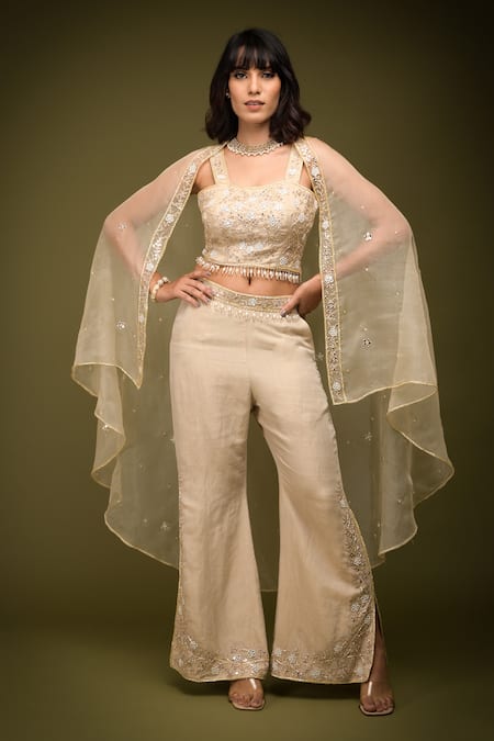 Farha Syed Ivory Organza, Chanderi, Taffeta Cutdana Embroidered Floral Cape Pant Set 