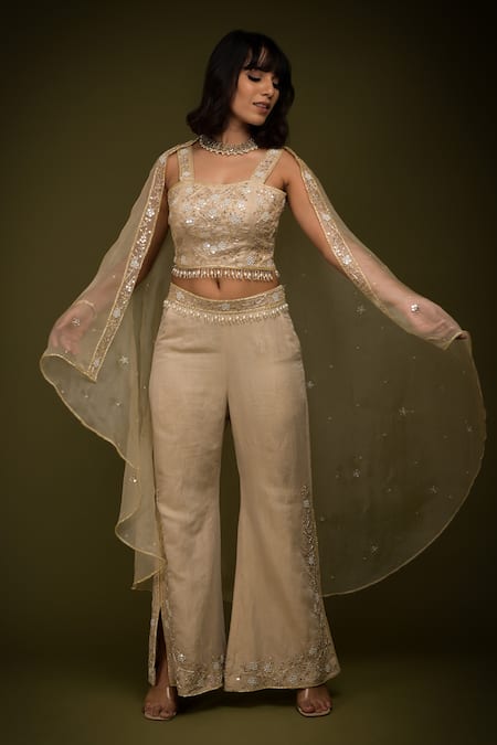 Farha Syed Ivory Organza, Chanderi, Taffeta Cutdana Embroidered Floral Cape Pant Set Online at Aza Fashions Farha Syed_Ivory Organza, Chanderi, Taffeta Cutdana Embroidered Floral Cape Pant Set _Online_at_Aza_Fashions